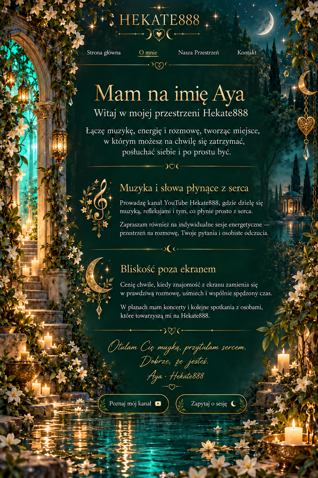 Mam na imię Aya. Witaj w mojej przestrzeni Hekate888. Muzyka, energia i rozmowa w mistycznym ogrodzie.